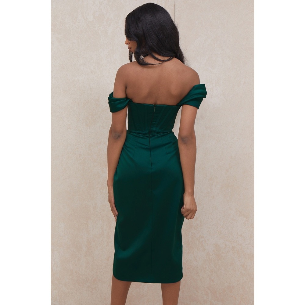 House of CB Loretta Emerald Green Satin Corset Off Shoulder Midi Dress S - Picture 3 of 14